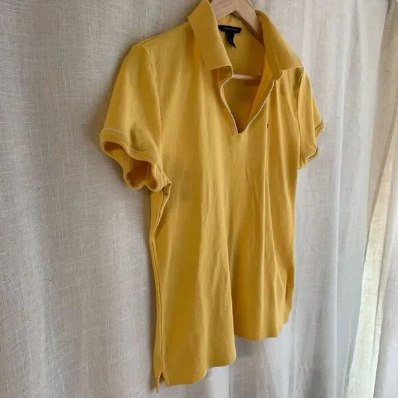 Tommy Hilfiger Womens Logo Polo Top Size L Yellow Tennis Prep Old Money Y2K Golf - Picture 9 of 15